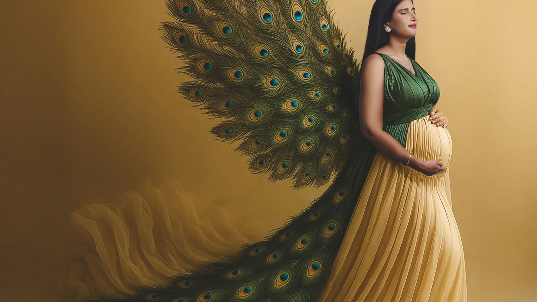 An elegant studio portrait from an Indian maternity photoshoot by Indo Frames, featuring a pregnant woman in a green and gold gown with a dramatic peacock feather train.