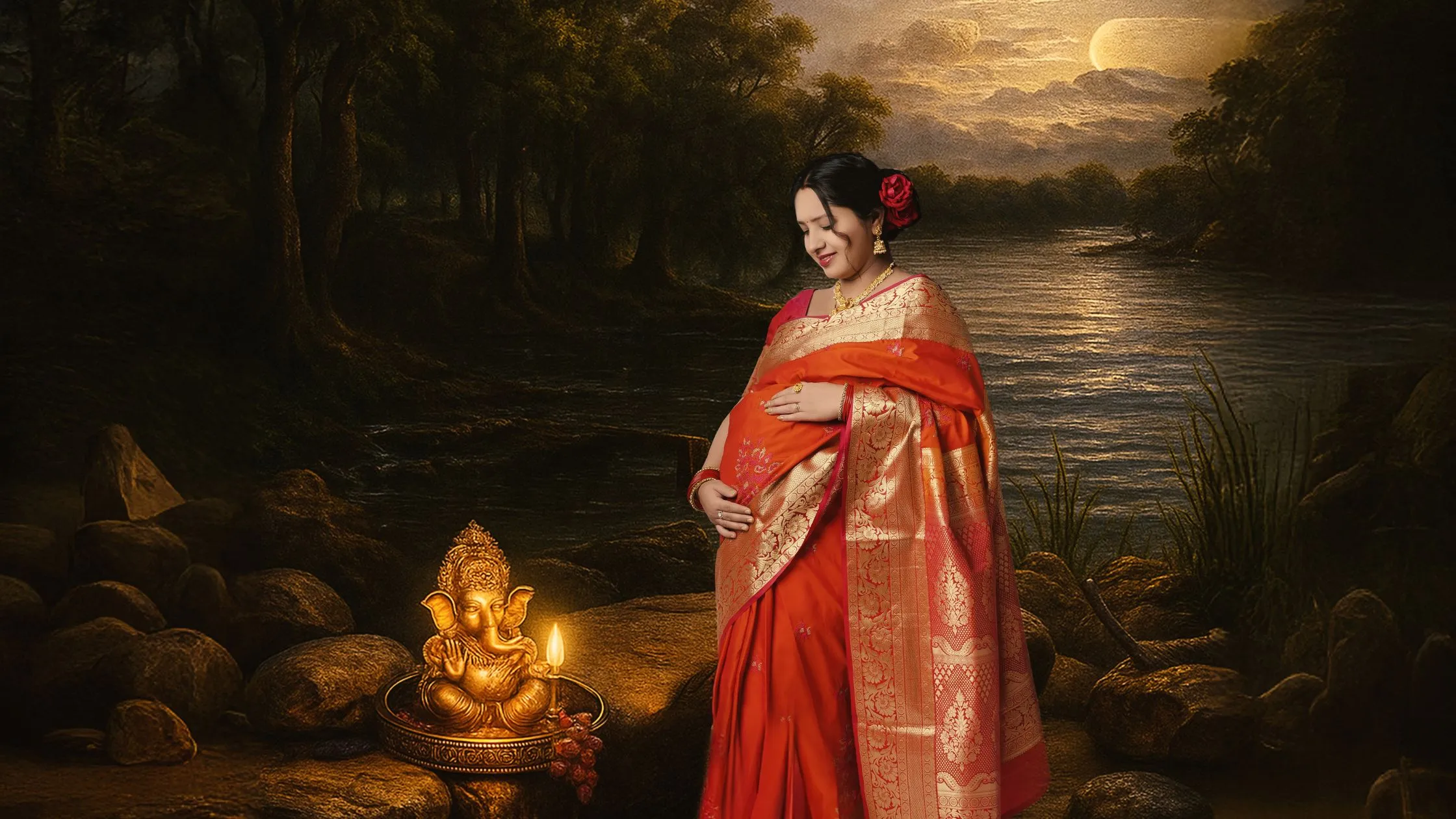 A pregnant Indian woman in a traditional red and gold silk saree posing near a glowing Ganesha idol by a riverbank during an Indian maternity photoshoot by Indo Frames.